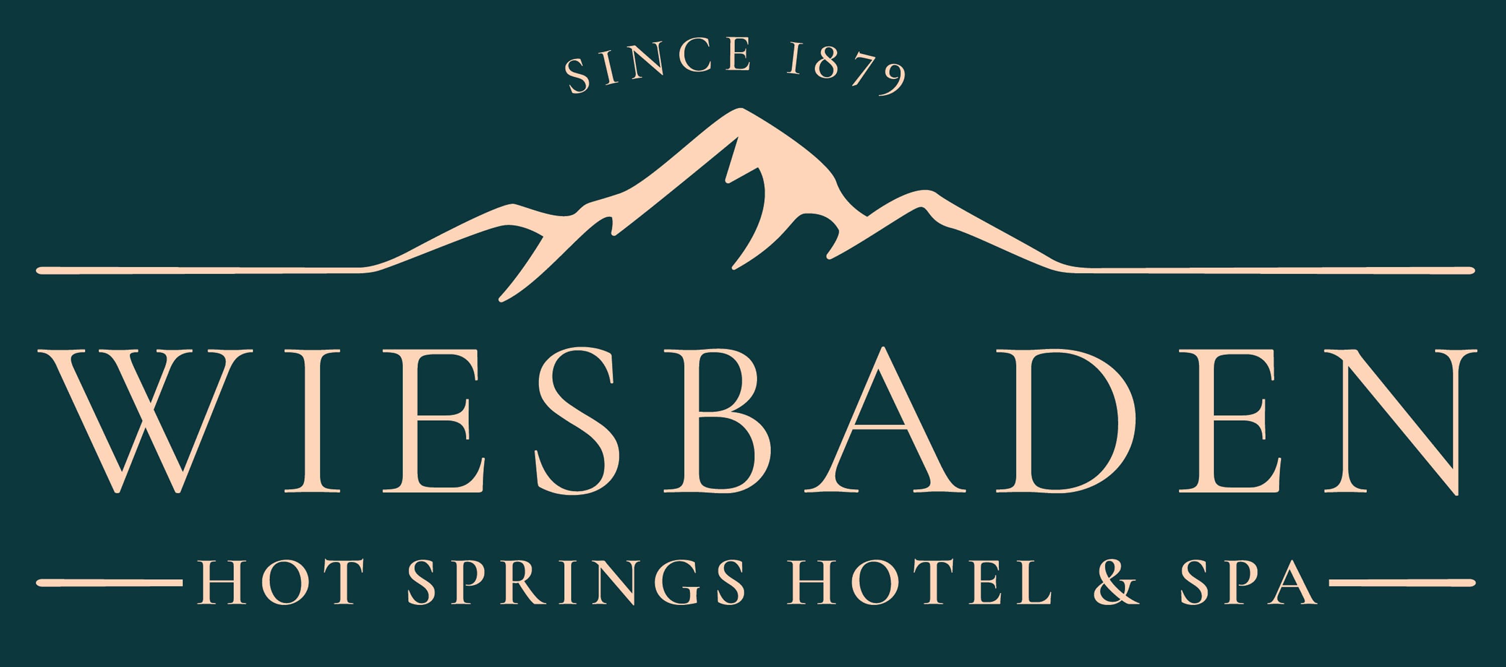 Logo for Wiesbaden Hot Springs Hotel & Spa, established in 1879, featuring mountain graphics.