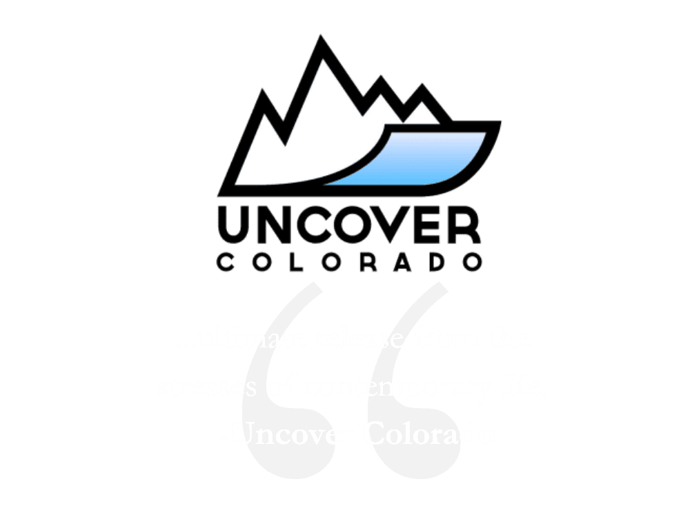 Logo of Uncover Colorado featuring mountains and water, with a tagline about escaping contemporary life stresses.