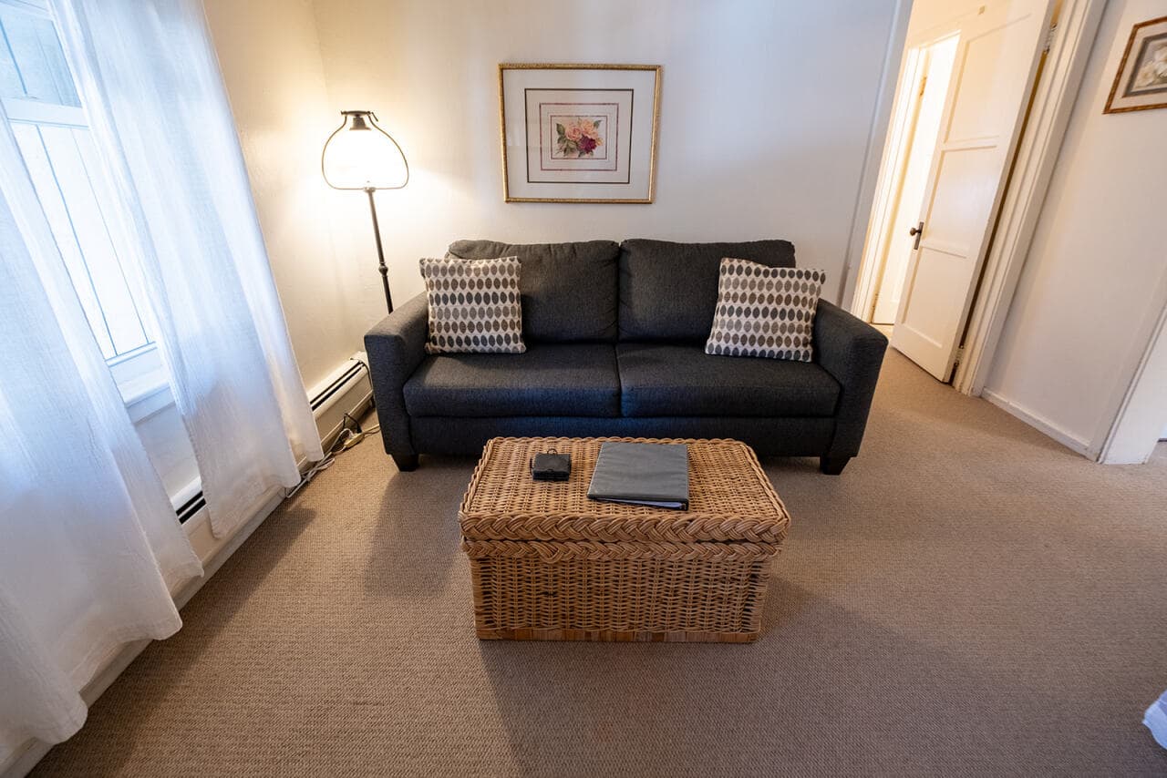 A cozy living room with a dark sofa, patterned pillows, a wicker coffee table, and a lamp.