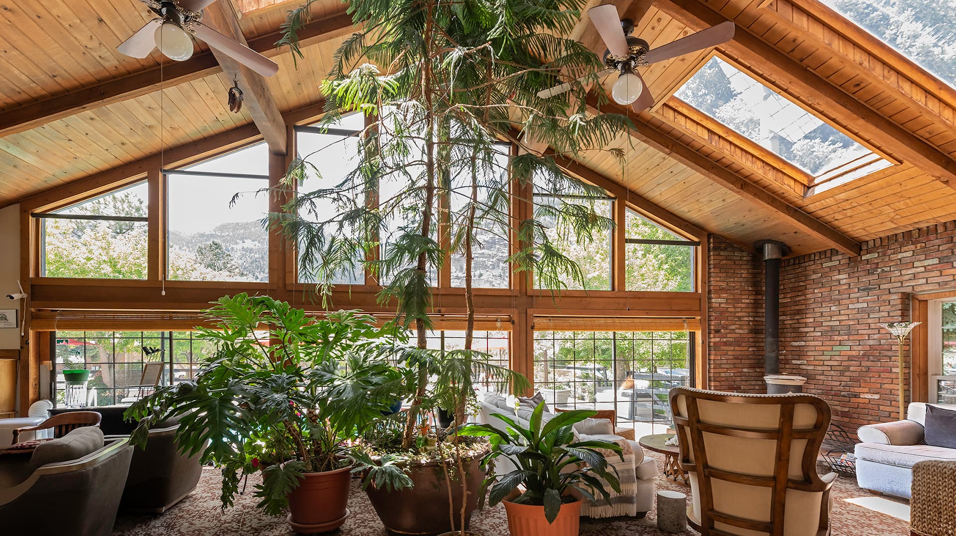 A bright, open living space featuring large windows, wooden beams, and lush indoor plants.