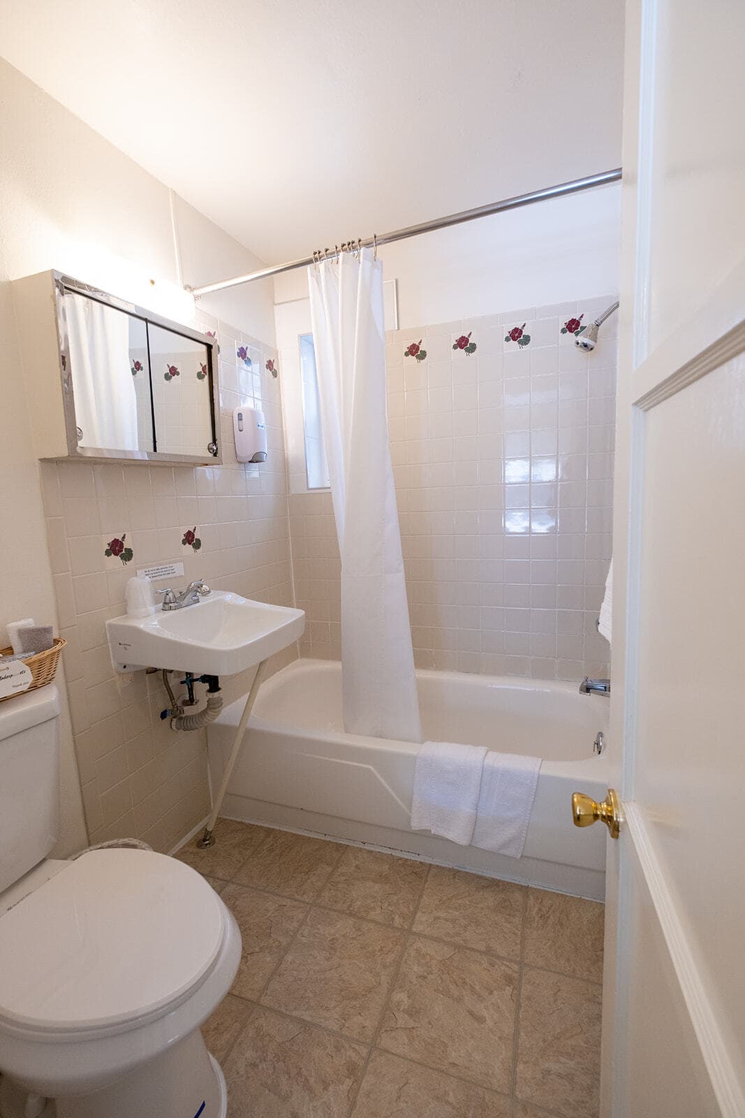 A small, bright bathroom featuring a shower with a curtain, a bathtub, a sink, and a toilet.