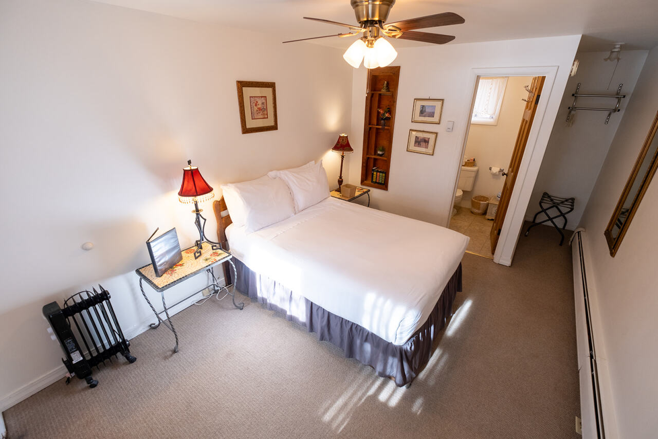 A cozy bedroom featuring a queen-sized bed, desk, and ensuite bathroom.